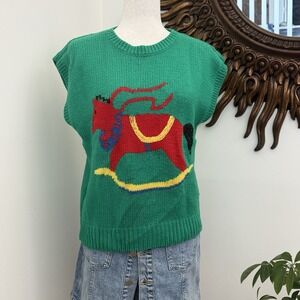 Vintage‎ 80s Rocking Horse Sweater Vest Ratio XL Green Novelty Knit Korea F/W